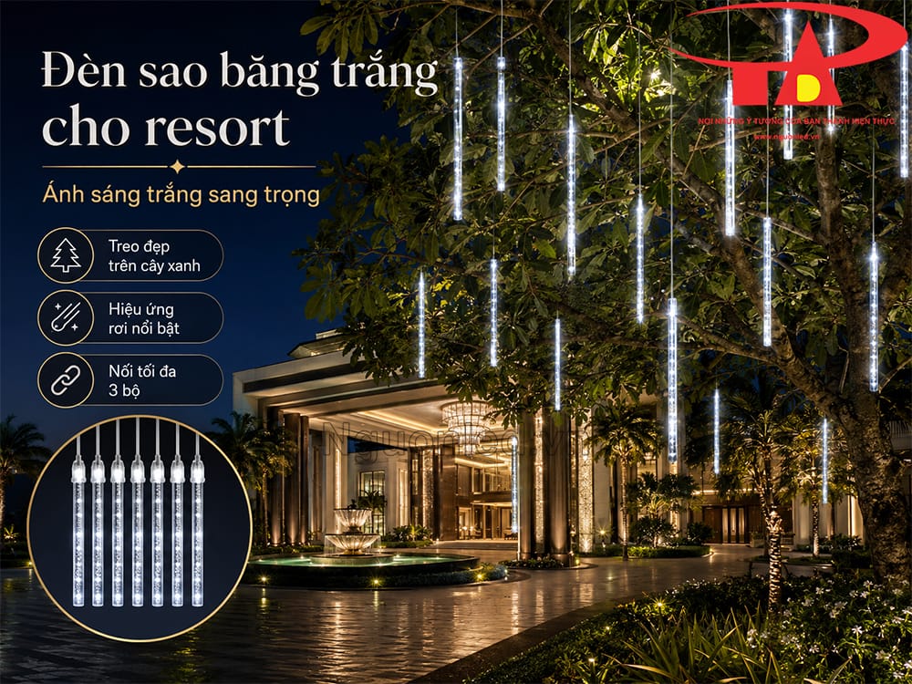 Đèn LED sao băng ánh sáng trắng trang trí resort, tạo hiệu ứng ánh sáng đẹp cho không gian nghỉ dưỡng