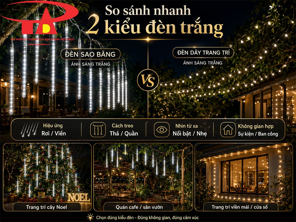 So sánh đèn LED sao băng màu trắng với dây đèn trang trí trắng thường