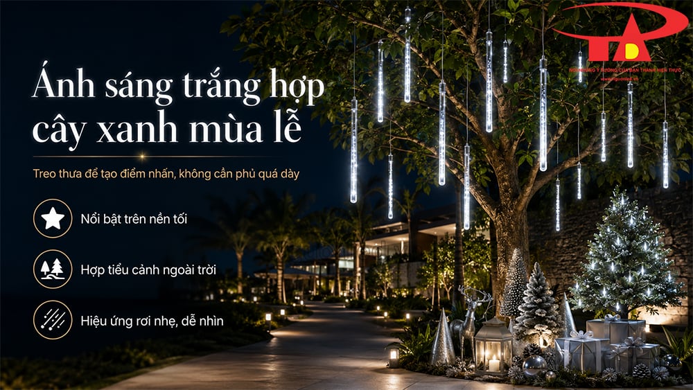 Đèn LED sao băng màu trắng treo ngoài trời dưới mái hiên, ánh sáng trắng nổi rõ trên nền tối