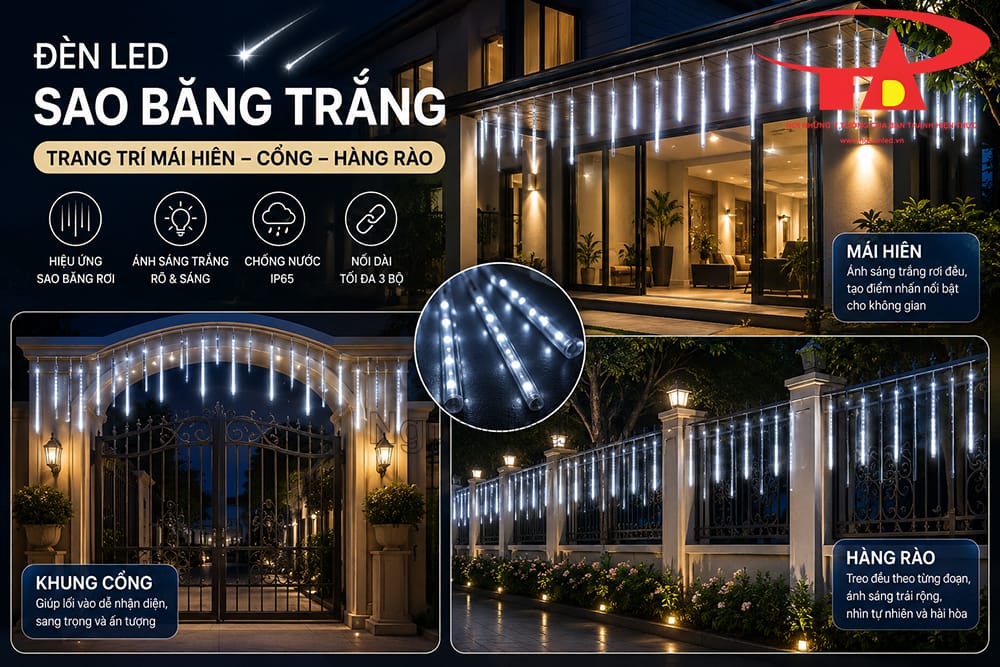 Đèn LED sao băng màu trắng treo thả trước mặt tiền nhà, các vệt sáng trắng rơi theo chiều dọc