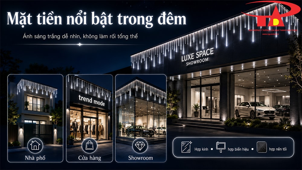 Đèn LED sao băng trắng 8 ống treo trên cây thông Noel, tạo vệt sáng rơi rõ vào ban đêm