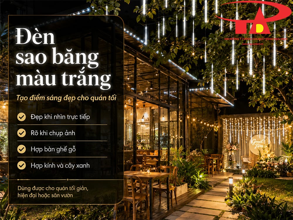 Đèn LED sao băng ánh sáng trắng treo trong quán cafe sân vườn, tạo nền sáng nhẹ cho khu vực check-in