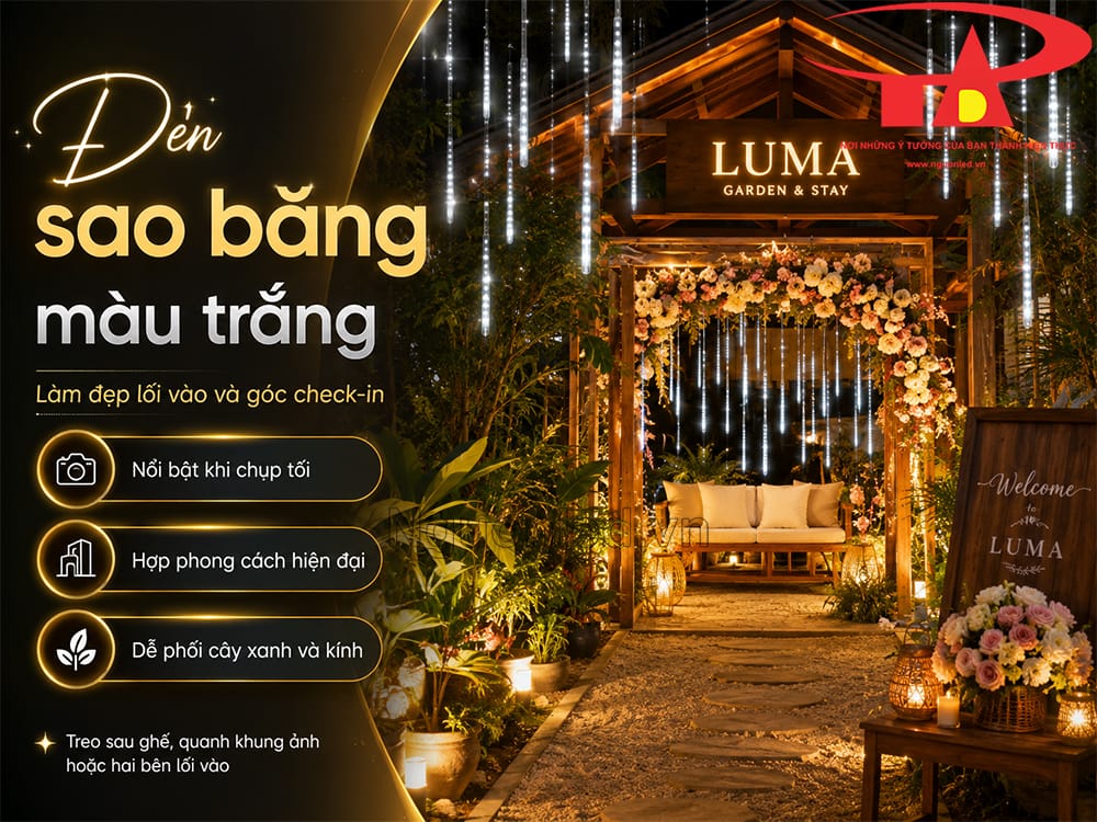 Đèn LED sao băng trắng treo trong quán cafe sân vườn, tạo nền sáng nhẹ cho khu vực check-in