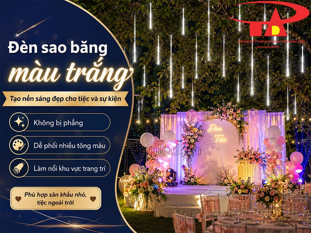 Đèn LED sao băng trắng trang trí sự kiện buổi tối, ánh sáng thả dọc làm nổi bật khu backdrop