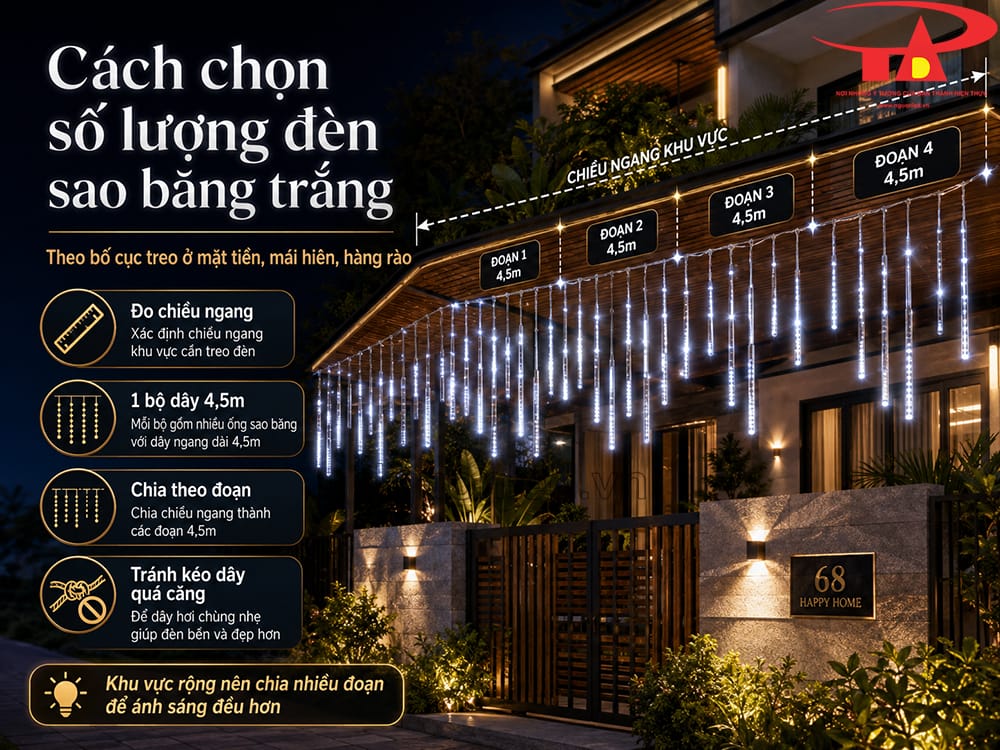 Đèn LED sao băng trắng cho mặt tiền cửa hàng, các ống sáng thả dọc giúp khu vực dễ nhận diện
