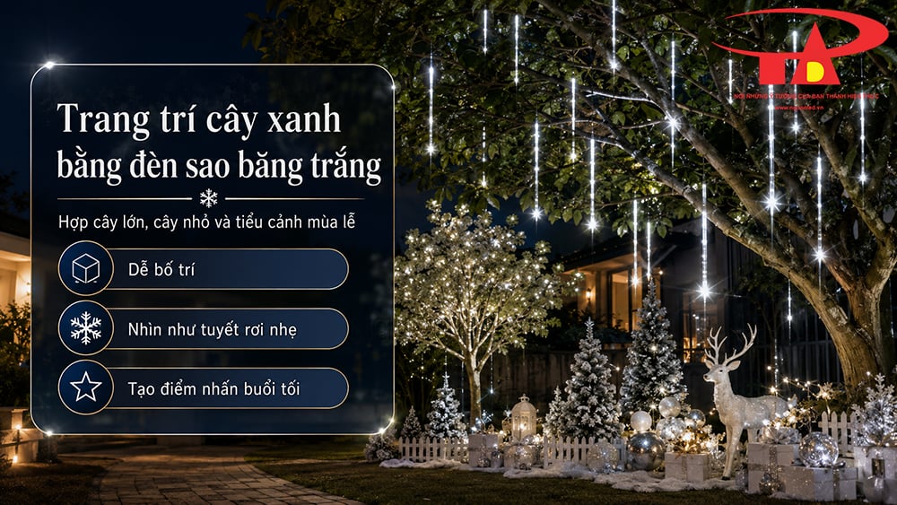 Đèn sao băng màu trắng dạng ống thả, các ống trong suốt buông dọc tạo hiệu ứng ánh sáng rơi