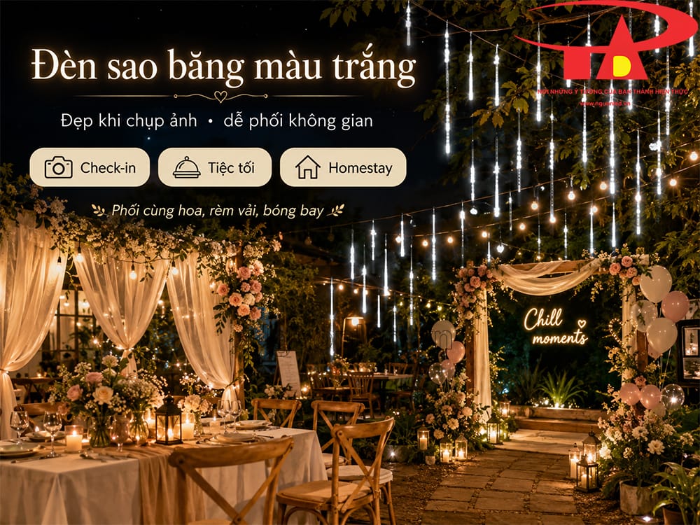 Đèn sao băng trắng trang trí tiệc ngoài trời, các ống thả tạo dải sáng rơi quanh lối vào