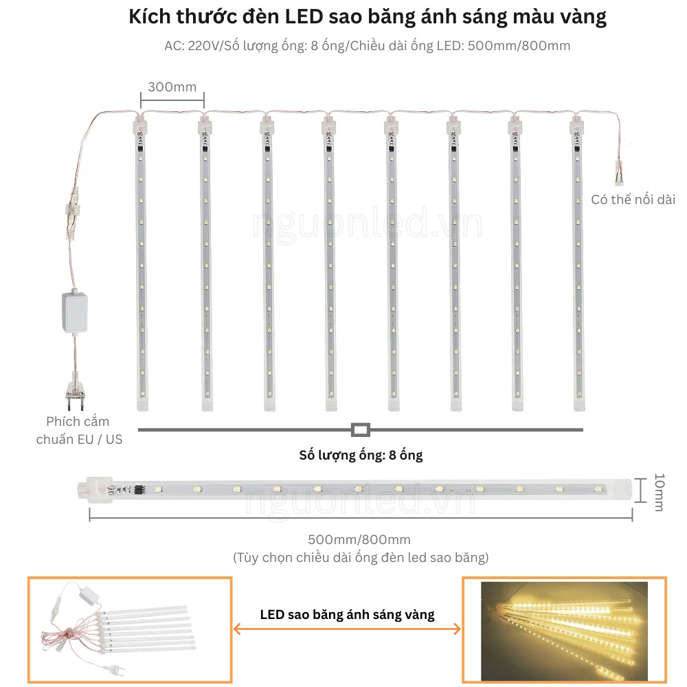 Kích thước đèn led sao băng màu vàng nắng