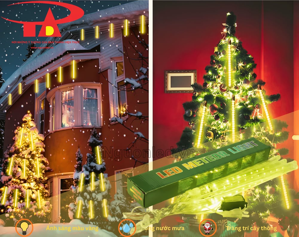 Đèn LED sao băng ánh vàng treo cây thông Noel