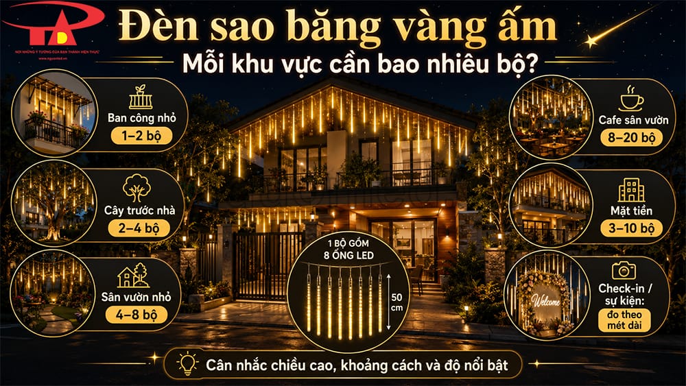 Đèn LED sao băng hiệu ứng giọt nước rơi ánh vàng ấm