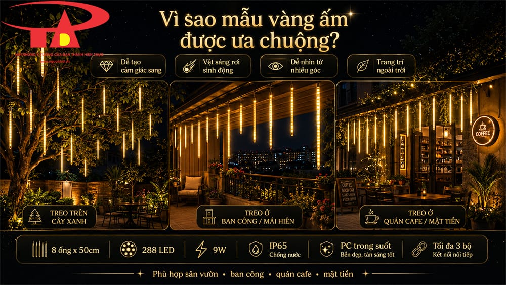 Đèn LED sao băng màu vàng trang trí quán cafe sân vườn