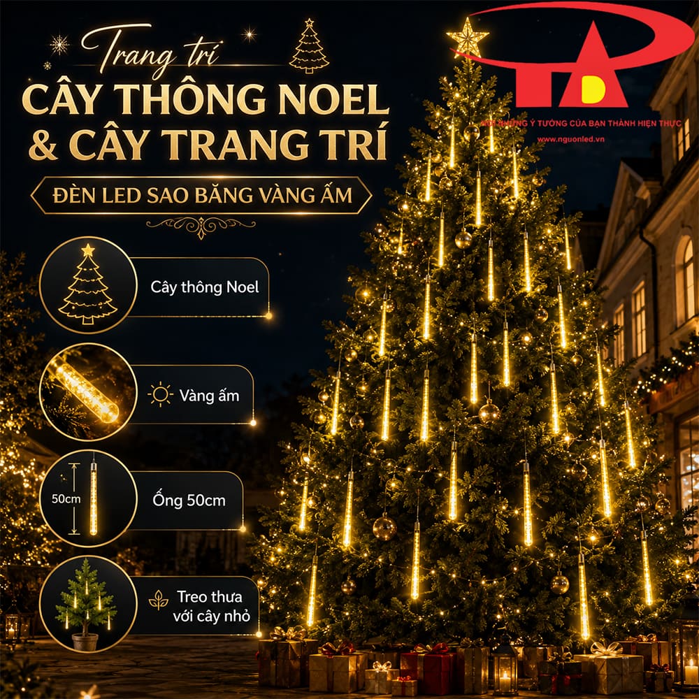Đèn sao băng màu vàng trang trí Noel trên cây thông, ánh sáng xanh nổi bật trên nền tối