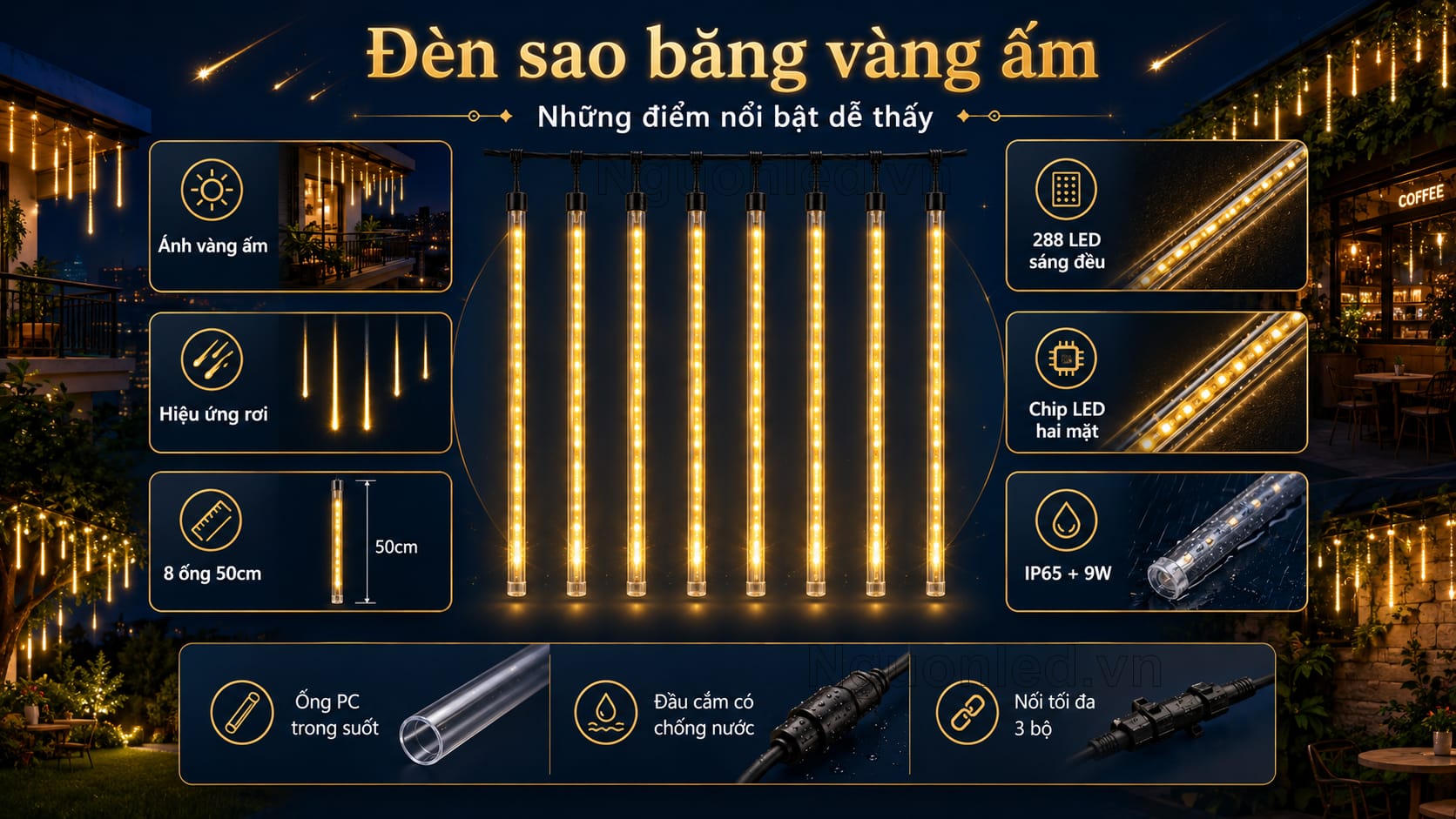 Đèn sao băng vàng ấm trang trí ban công buổi tối