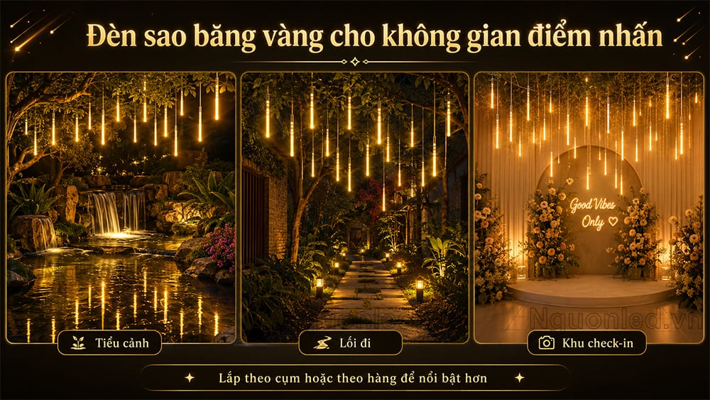 Đèn sao băng vàng ấm tạo không gian lung linh cho quán cafe