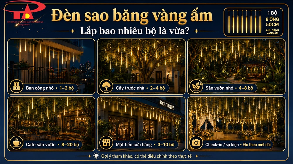 Đèn sao băng vàng ấm trang trí Tết trước nhà