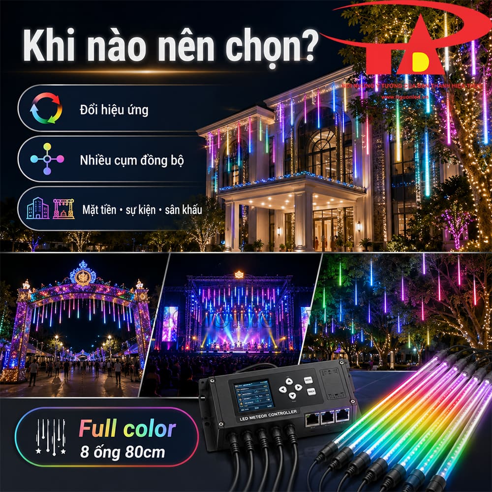 Đèn sao băng full color trang trí mặt tiền quán, showroom và công trình kinh doanh ban đêm