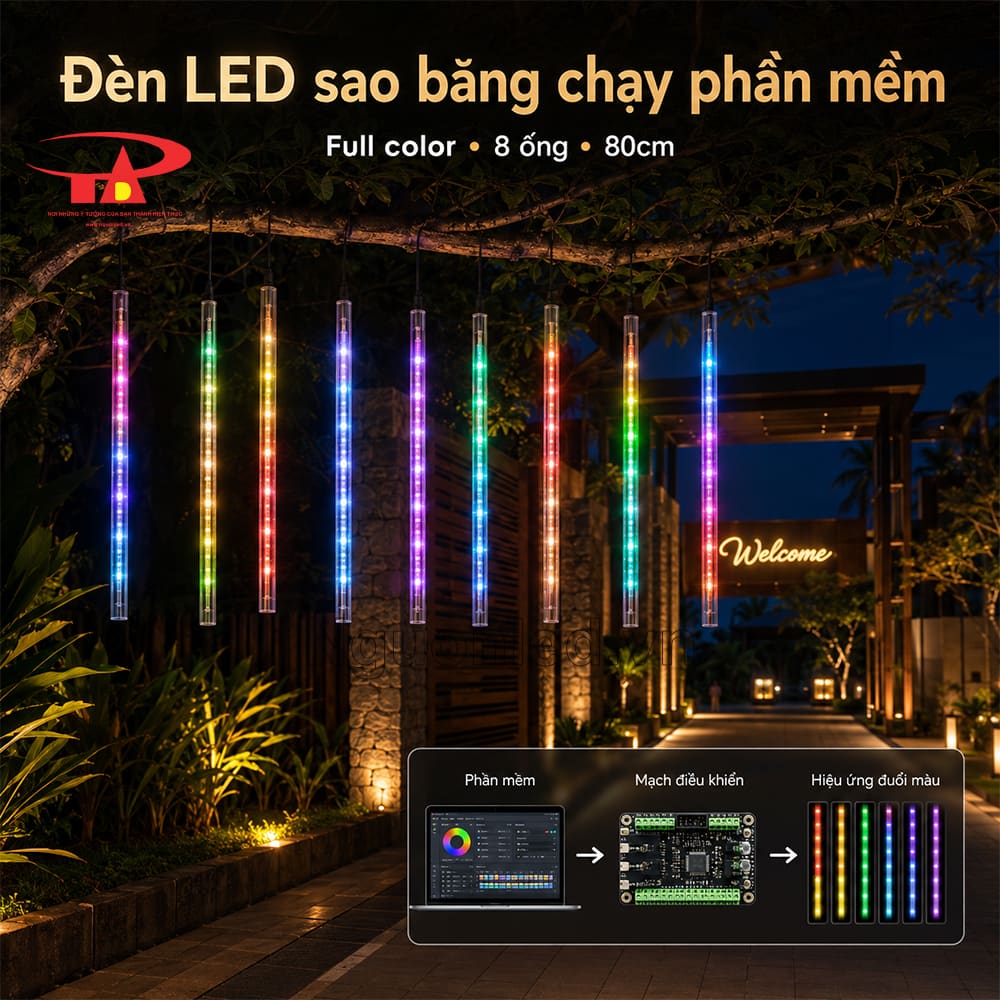 Bộ đèn LED sao băng full color 8 ống 80cm với ánh sáng đổi màu chạy dọc từng ống