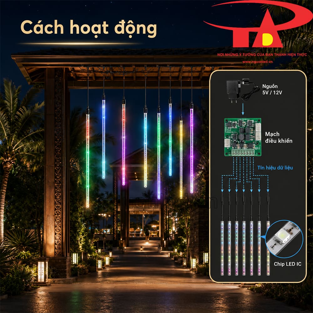 LED thanh đuổi full color 8 ống 80cm tạo vệt sáng rơi nhiều màu cho không gian trang trí