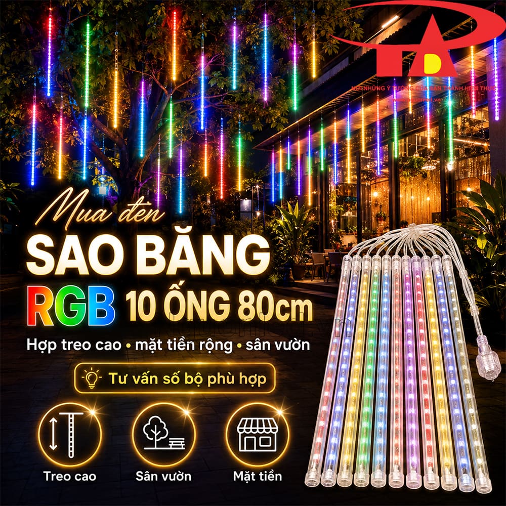 Đèn sao băng bảy màu 80cm IP65 cho phần ống và dây đèn dùng ngoài trời, chiếu sáng cà phê, sân vườn