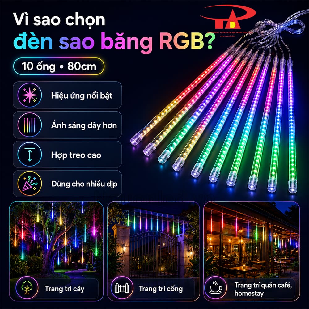 Đèn LED sao băng RGB 80cm đủ màu treo cây trước nhà, dùng ngoài trời