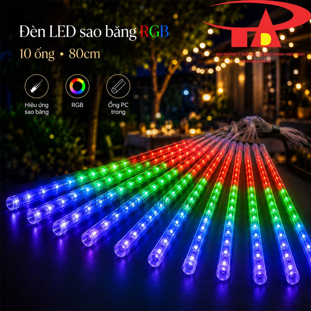 Đèn sao băng RGB 10 ống 80cm đổi màu dùng trang trí ngoài trời