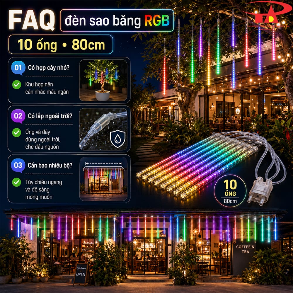 Đèn sao băng RGB 10 ống trang trí sân vườn ngoài trời