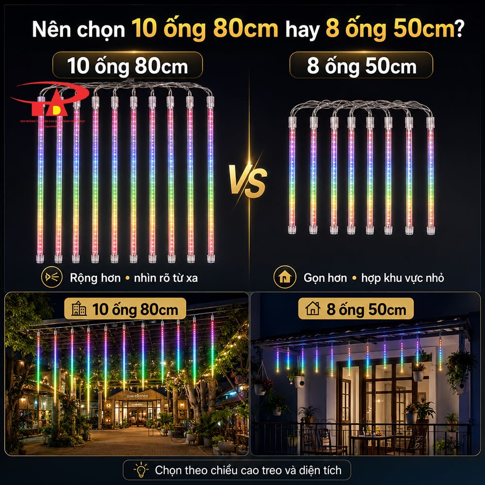 Đèn sao băng RGB 80cm treo cây lớn trước nhà vào buổi tối