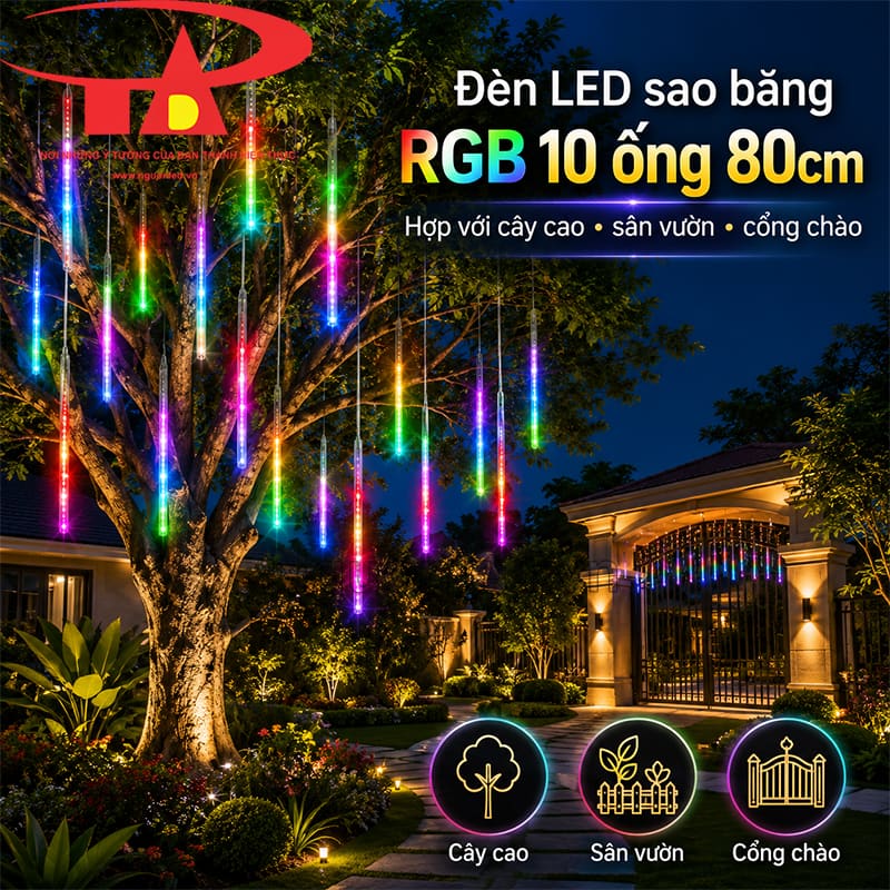 Đèn LED sao băng RGB 80cm lắp cổng chào và sân vườn, cây