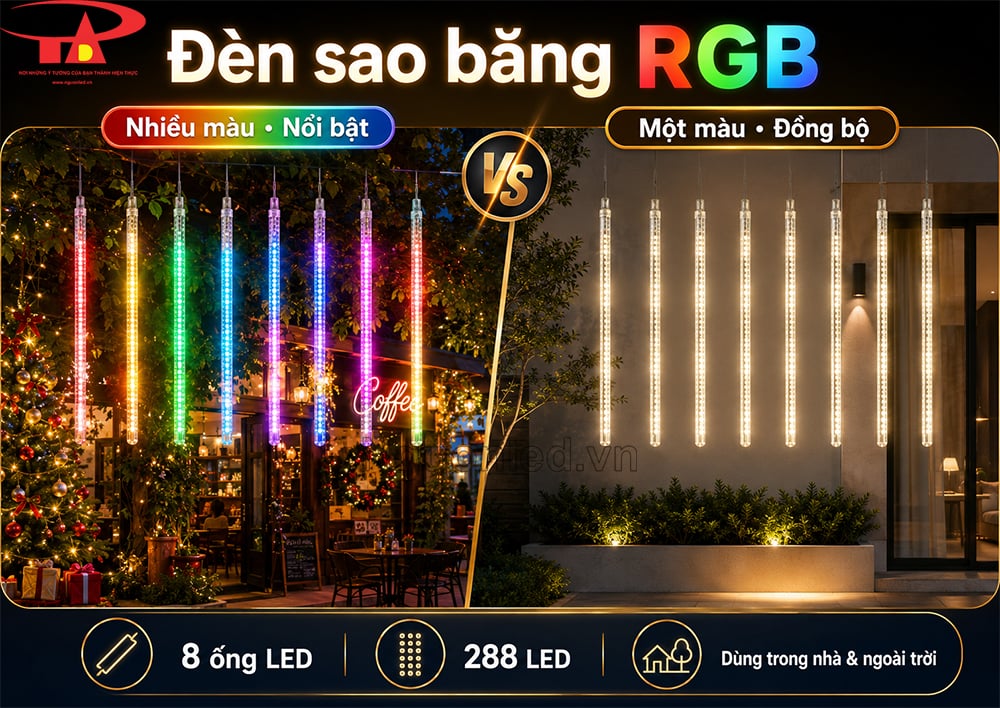 Đèn sao băng đủ màu đang sáng theo chiều dọc từng ống cho không gian trang trí cho không gian buổi tối
