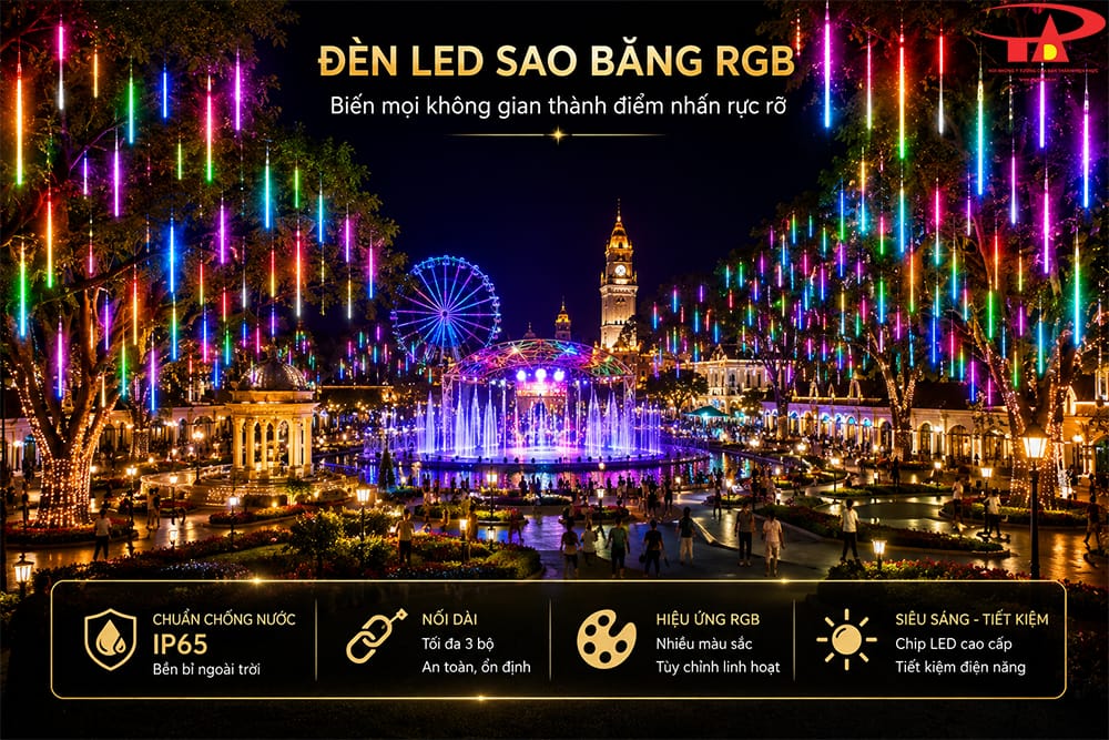 Đèn sao băng RGB resort treo ở sân vườn và lối đi với hiệu ứng ánh sáng rơi