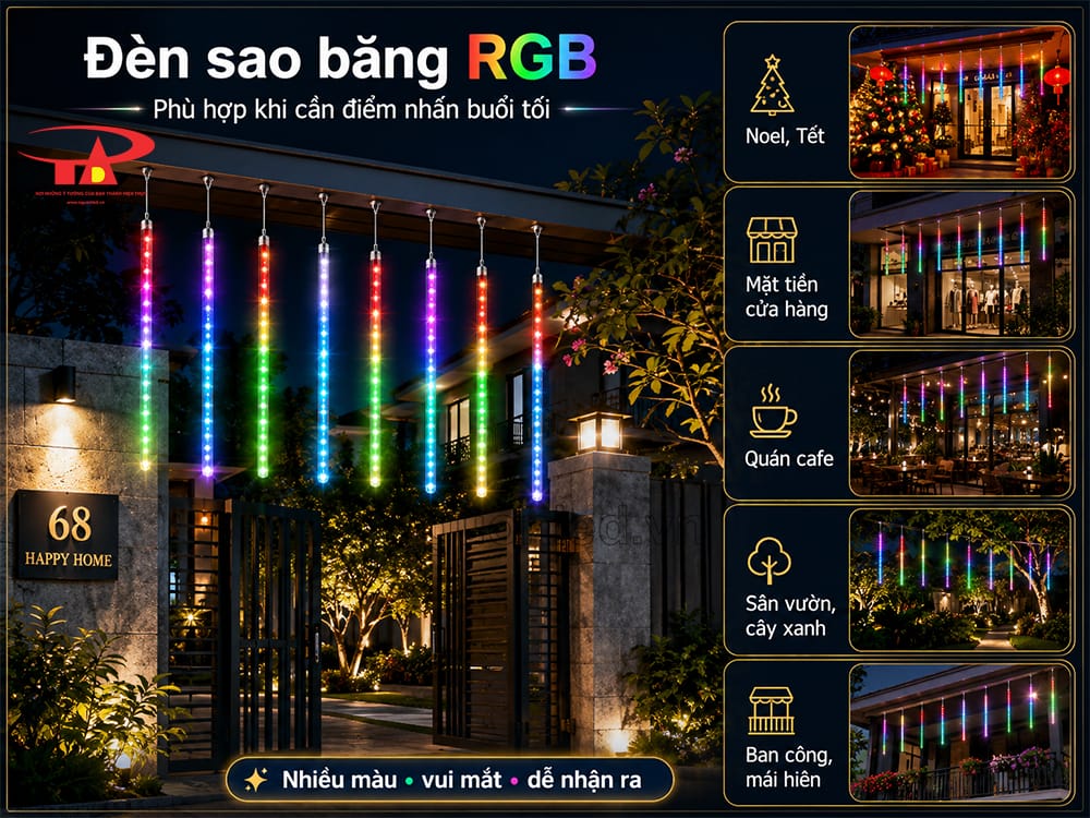 Đèn sao băng RGB treo cây xanh tạo các vệt sáng nhiều màu rơi xen giữa tán lá cho không gian buổi tối