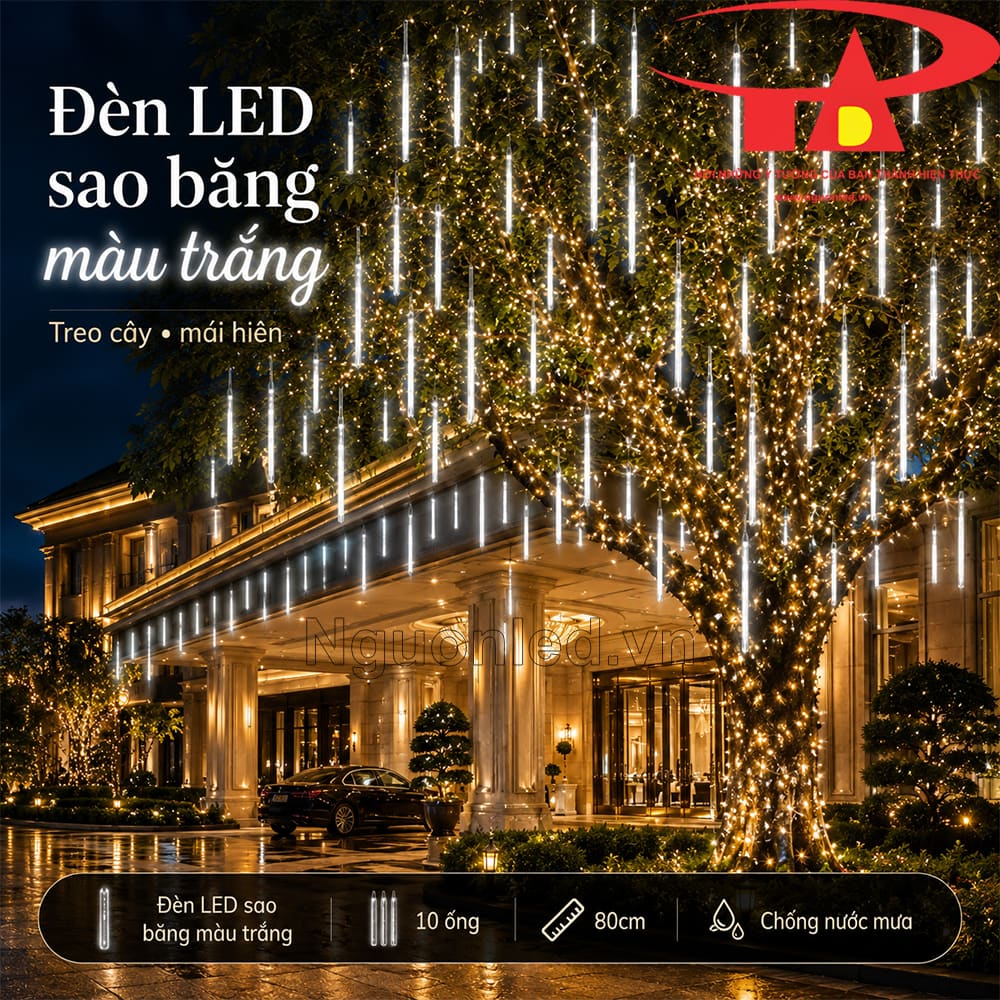 Đèn LED sao băng trắng 80cm tạo hiệu ứng mưa rơi