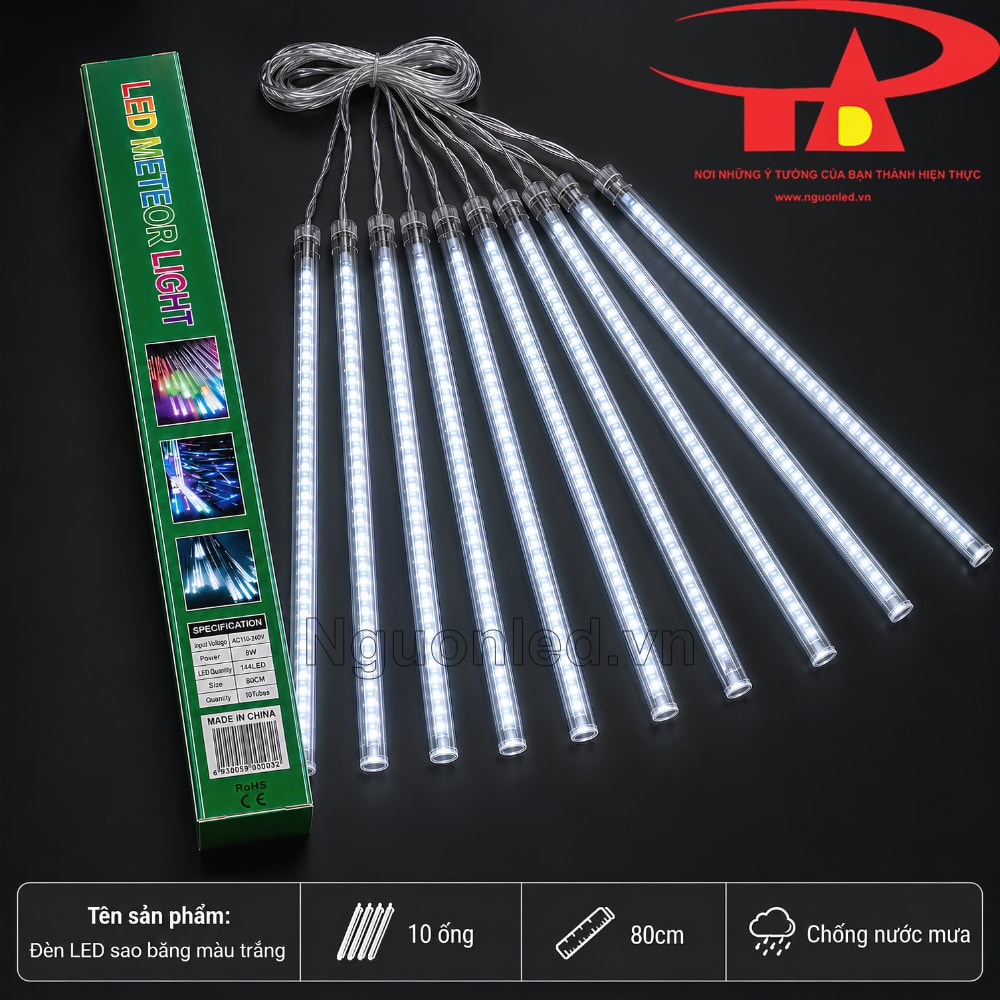 Đèn LED sao băng trắng 10 ống dài 80cm dạng ống thả, tạo vệt sáng rơi tuần tự; dùng trang trí ngoài trời tại sảnh, khung cổng, mái hiên và lối vào ban đêm.