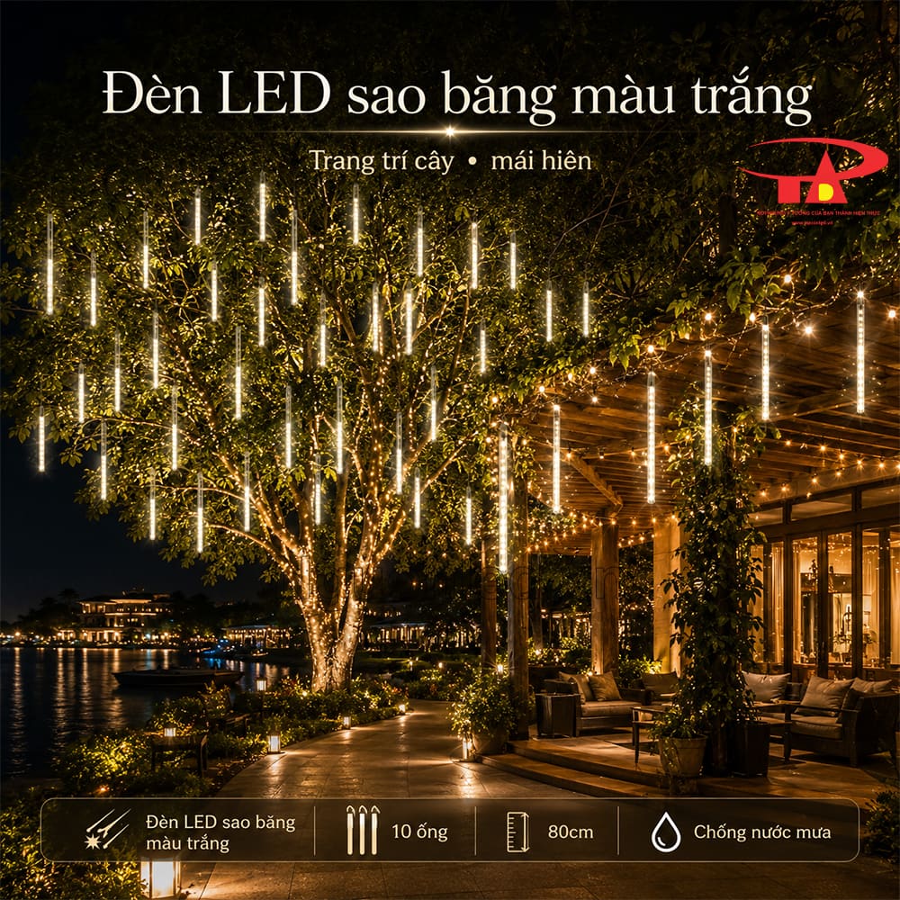 Đèn LED sao băng trắng 80cm trang trí hàng cây cao