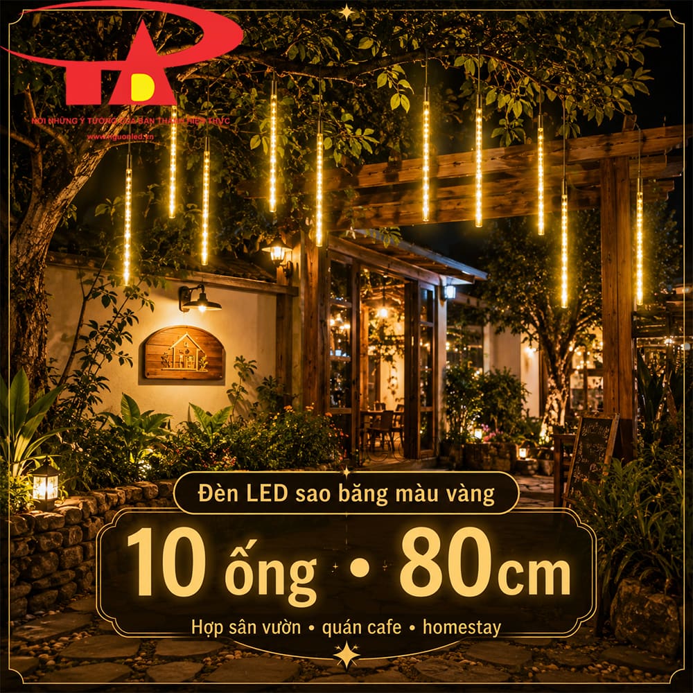 Đèn LED sao băng 10 ống 80cm ánh sáng vàng ấm dịu mắt.