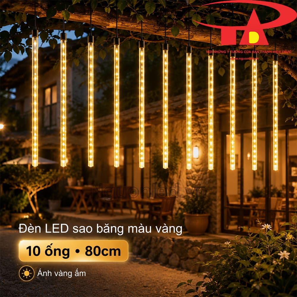 Đèn LED sao băng 10 ống 80cm ánh vàng ấm dịu mắt.