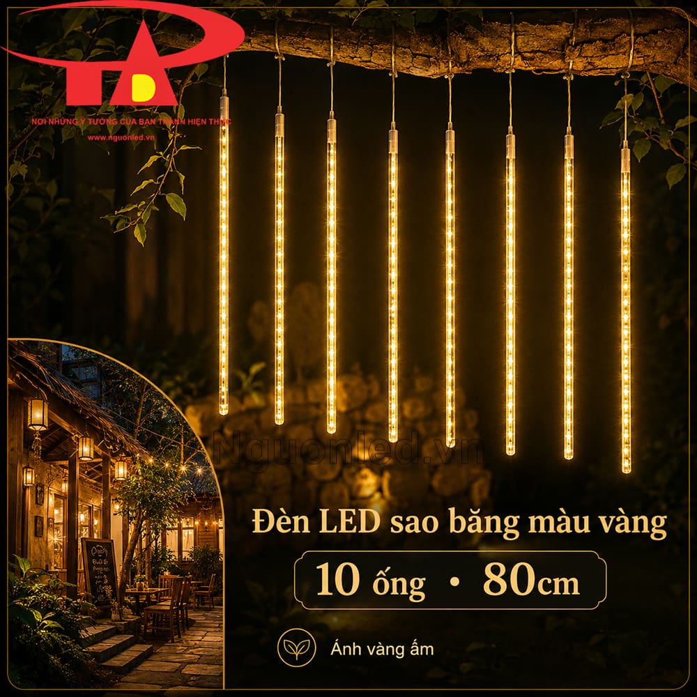 Đèn sao băng vàng ấm 80cm treo cây cảnh ngoài sân, ngoài trời chống mưa