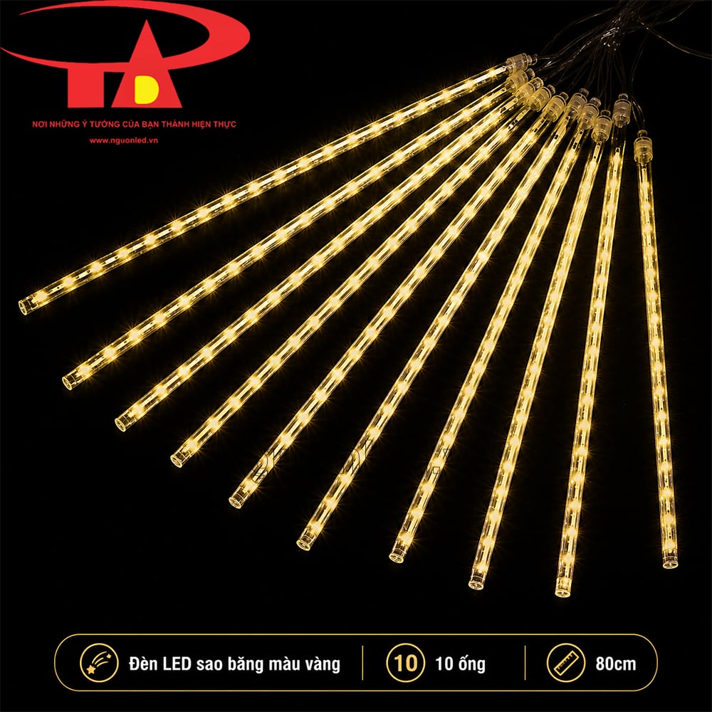 Đèn LED sao băng màu vàng 10 ống 80cm ánh vàng ấm.
