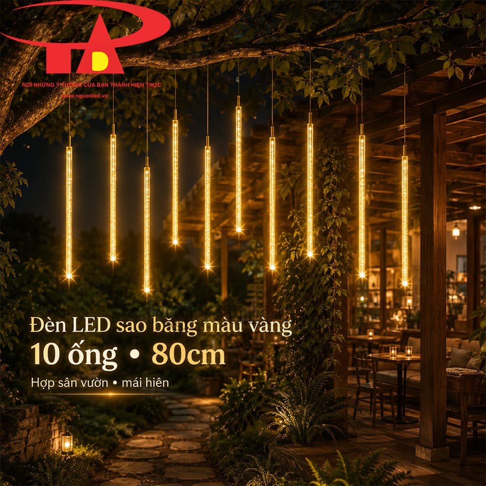 Đèn LED sao băng màu vàng 10 ống treo sân vườn.