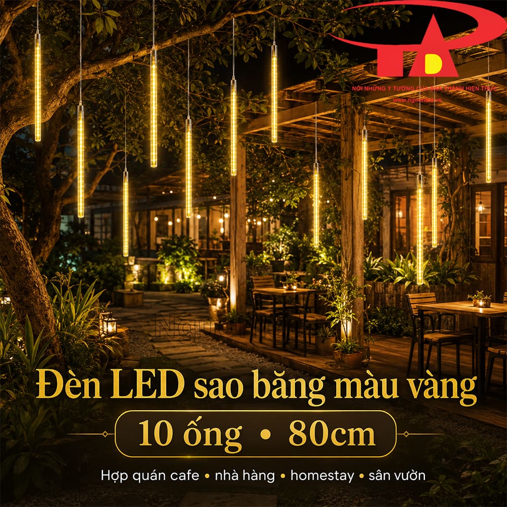 Đèn LED sao băng vàng 10 ống 80cm dùng ngoài trời.