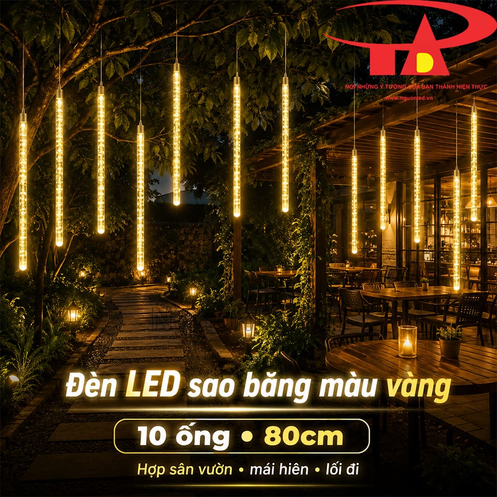 Đèn LED sao băng vàng ấm 10 ống 80cm cho sân vườn.