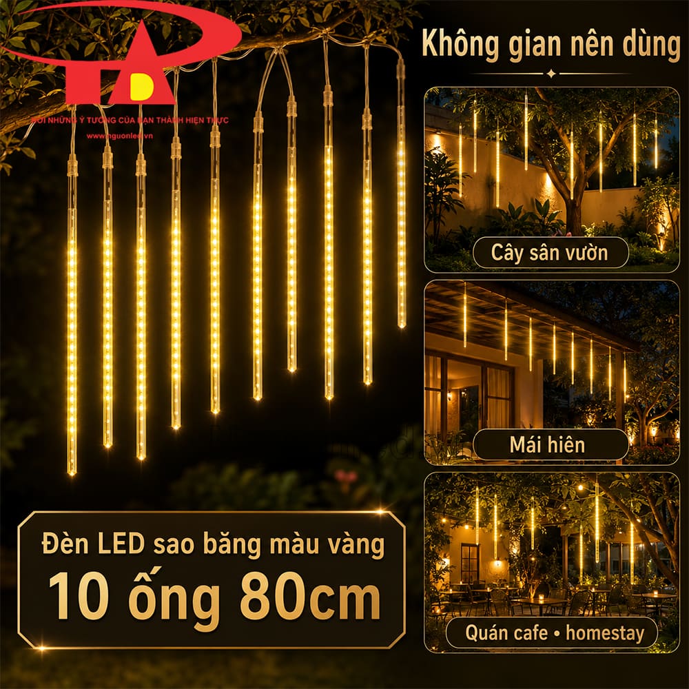 Đèn sao băng vàng 10 ống 80cm treo cây ngoài trời.
