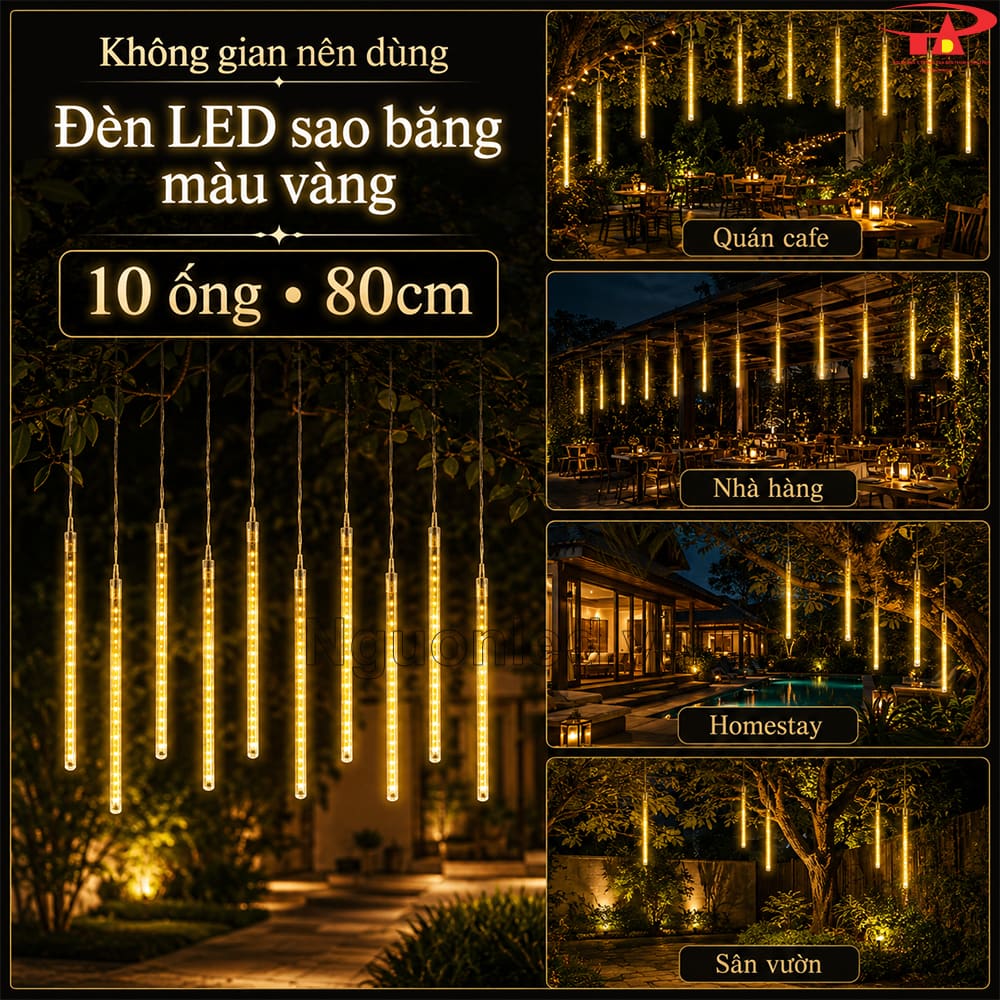 Đèn sao băng vàng 80cm trang trí sân vườn ánh ấm.
