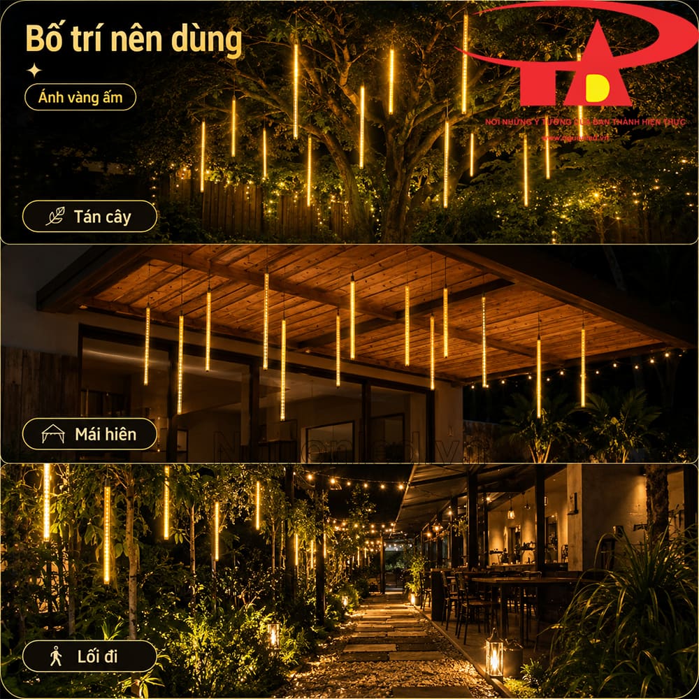 Đèn LED sao băng vàng 10 ống 80cm treo mái hiên dùng ngoài trời, treo cây