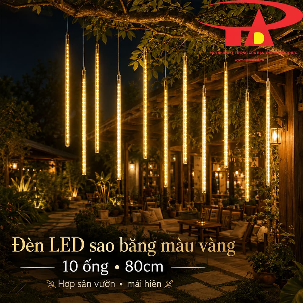 Đèn LED sao băng 10 ống 80cm ánh vàng ấm dùng chiếu sáng ngoài trời, ánh sáng vàng êm dịu
