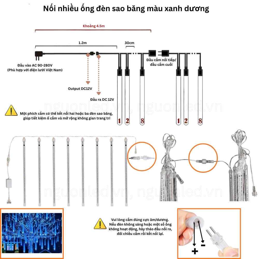 Cách nối đèn LED sao băng khi lắp nhiều bộ