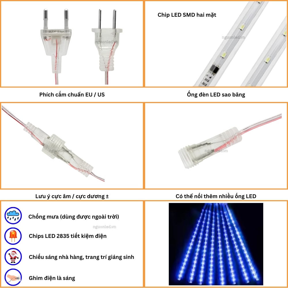 Đèn LED sao băng xanh dương nối dài tối đa 3 bộ
