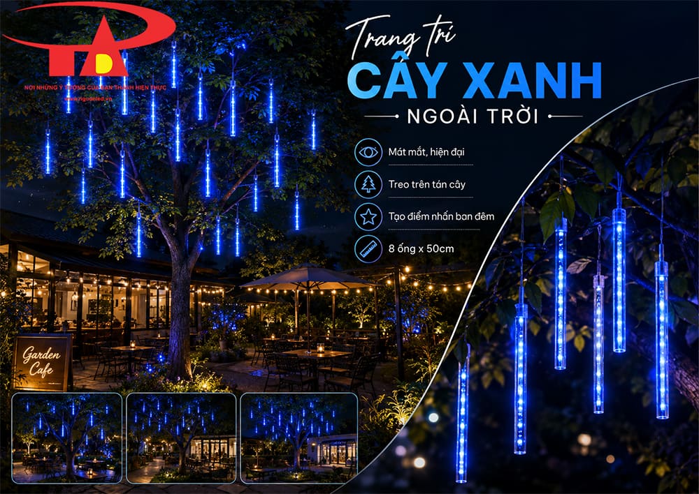 Đèn LED sao băng màu xanh dương trang trí homestay sân vườn, treo trên cây và mái hiên