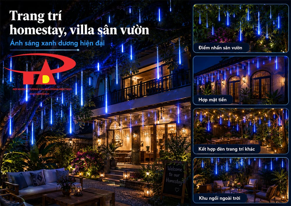Đèn LED sao băng màu xanh dương treo tại homestay ngoài trời, ánh sáng xanh nổi bật ban đêm