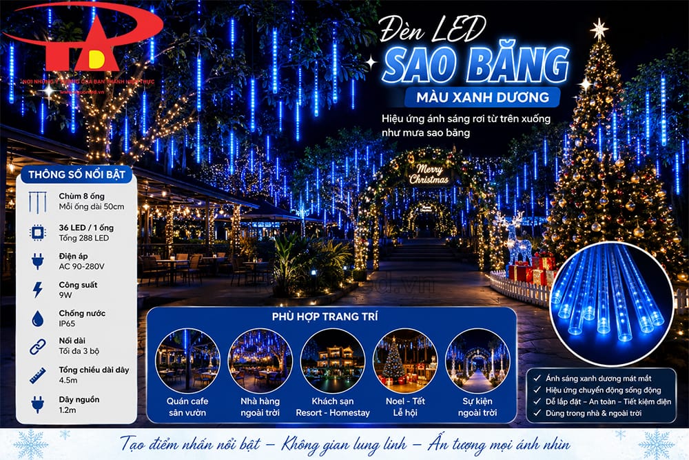 Đèn LED sao băng màu xanh dương dùng cho nhà hàng ngoài trời với ánh sáng rơi nhẹ